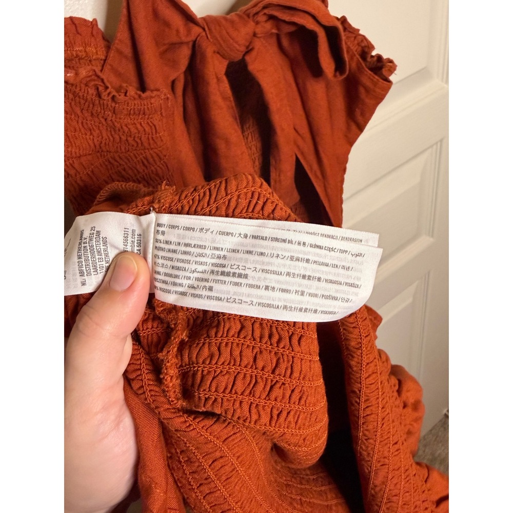 Abercrombie & Fitch M Smocked Mini Dress Boho Rust Orange Fall Back Tie Ruffles - Picture 7 of 7